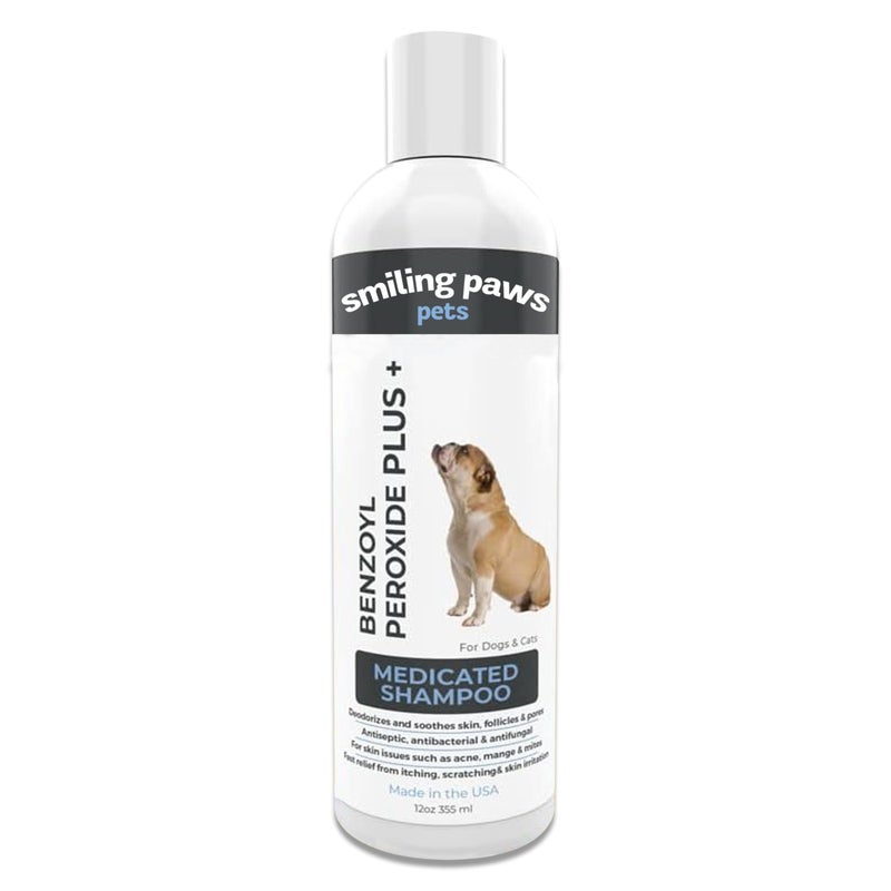 Smiling Paws Pets - Itch Relief Shampoo for Pets - Contains Benzoyl Peroxide - Kills Fleas - Relieves Allergies, Itching, Dermatitis, Mange, Dandruff, Acne, Demodex, Seborrhea, Pyoderma - 12oz - Image 1